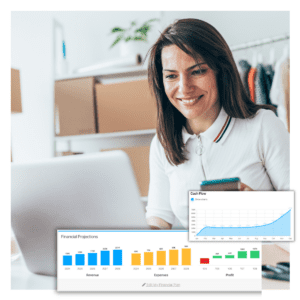 A women entrepreneur working on laptop using BznsBuilder AI for financial forecasting