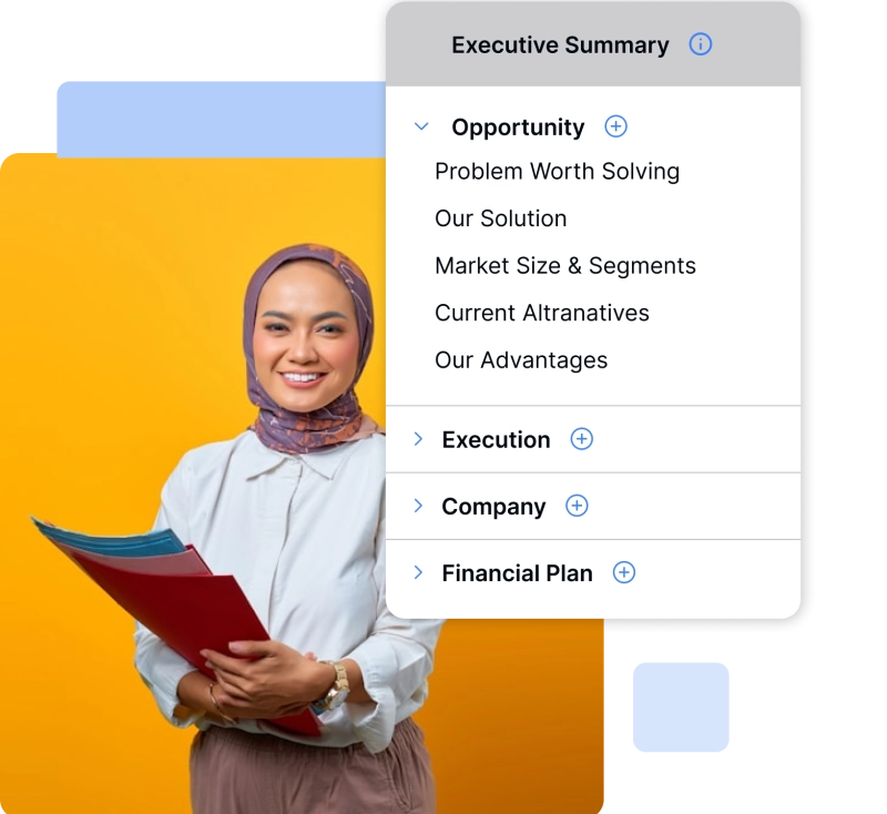 BznsBuilder business plan outline with executive summary, opportunity and financial plan sections