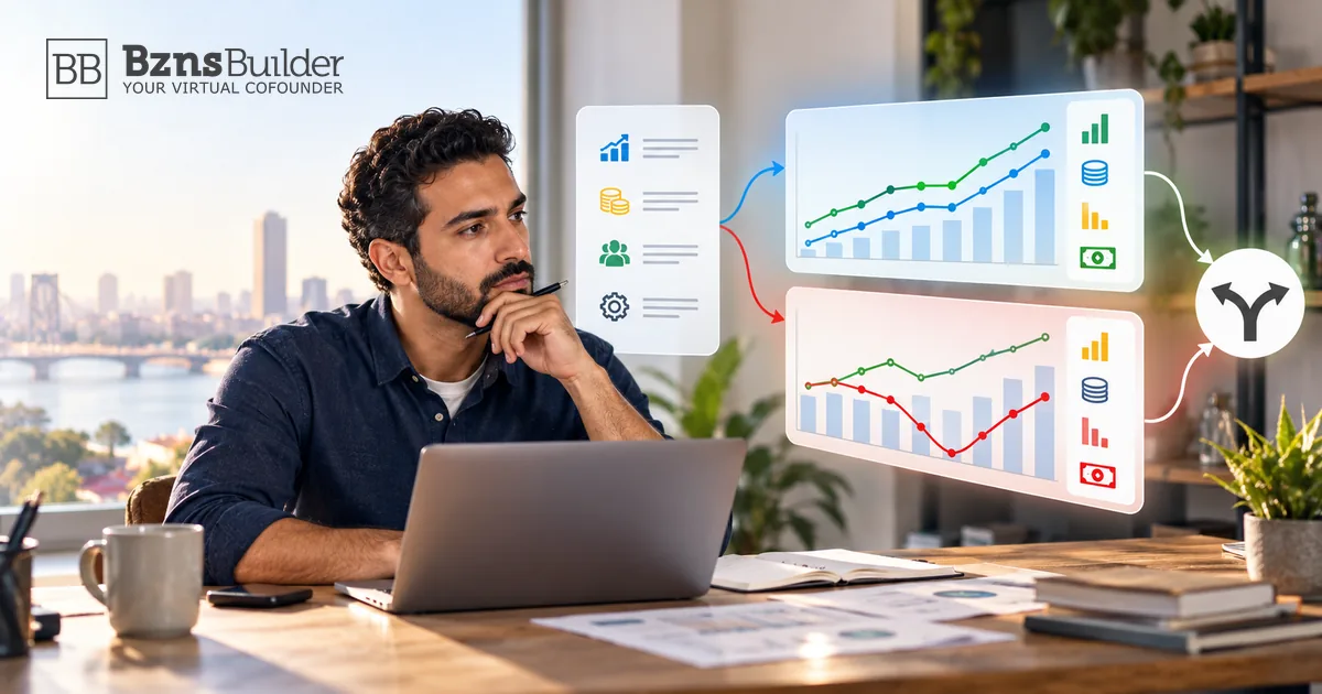 Founder comparing financial forecast scenarios before making a business decision.