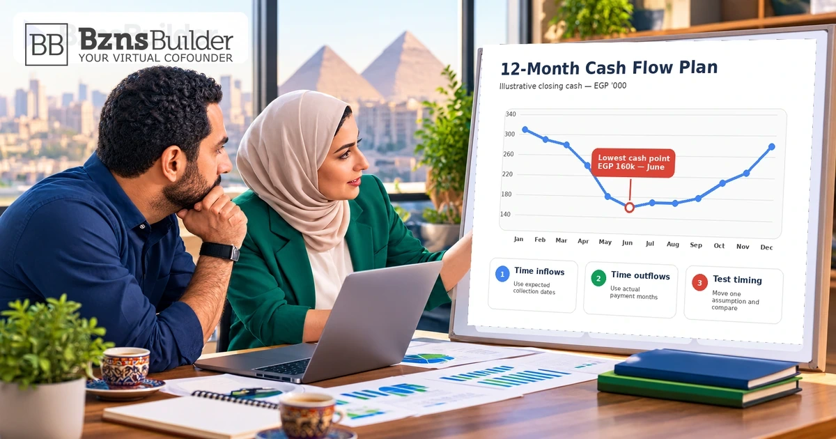 Founder and colleague reviewing a 12-month cash flow forecast with the projected lowest cash balance highlighted.
